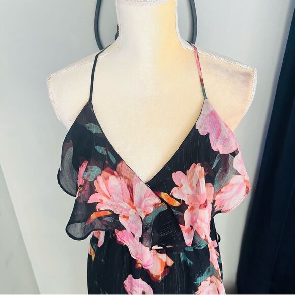 Jennifer Lopez Faux Wrap Ruffle Maxi Dress, Black/Pink, Size 2, Summer Wedding - Picture 7 of 9